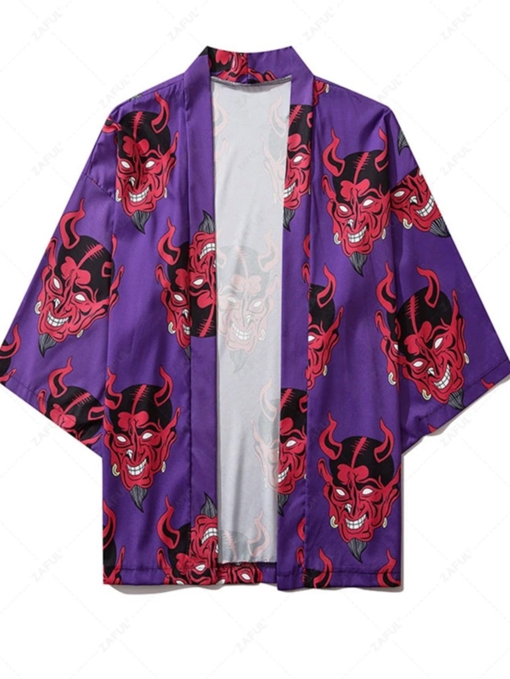 Purple Satin Kimono Jacket with Red Devil Print